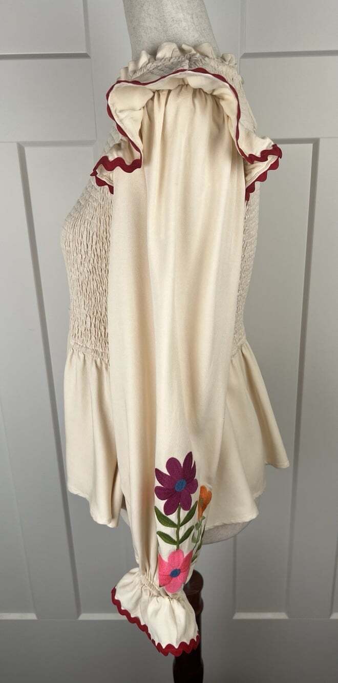 Easel Medium Embroidered Floral Smocked Peplum Blouse Balloon Sleeve Boho - Picture 4 of 9